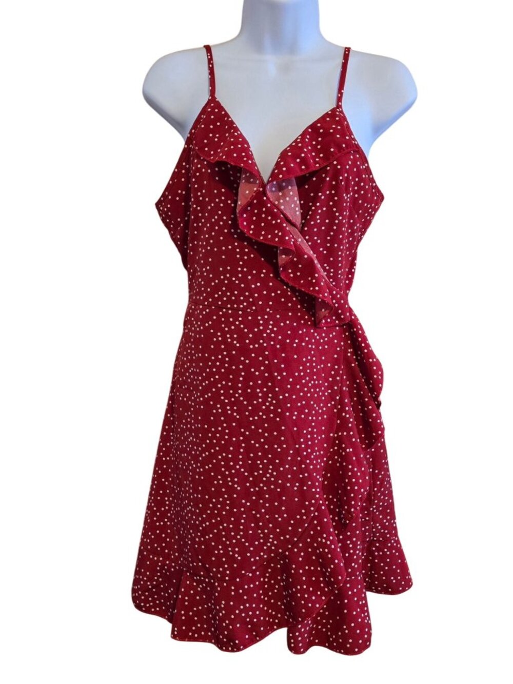 Red Polka Dot Ruffle Mini Dress Adj Straps Tie Waist prairie girl grannycore